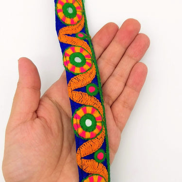 Royal Blue Mirrored Fabric Trim With Orange, Yellow, Green And Pink Embroidery